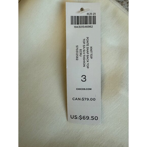 Chicos New Ponte Shirt Size XL w/ Gold Snap Back Buttons 3/4 Sleeve Ecru White - Picture 9 of 12